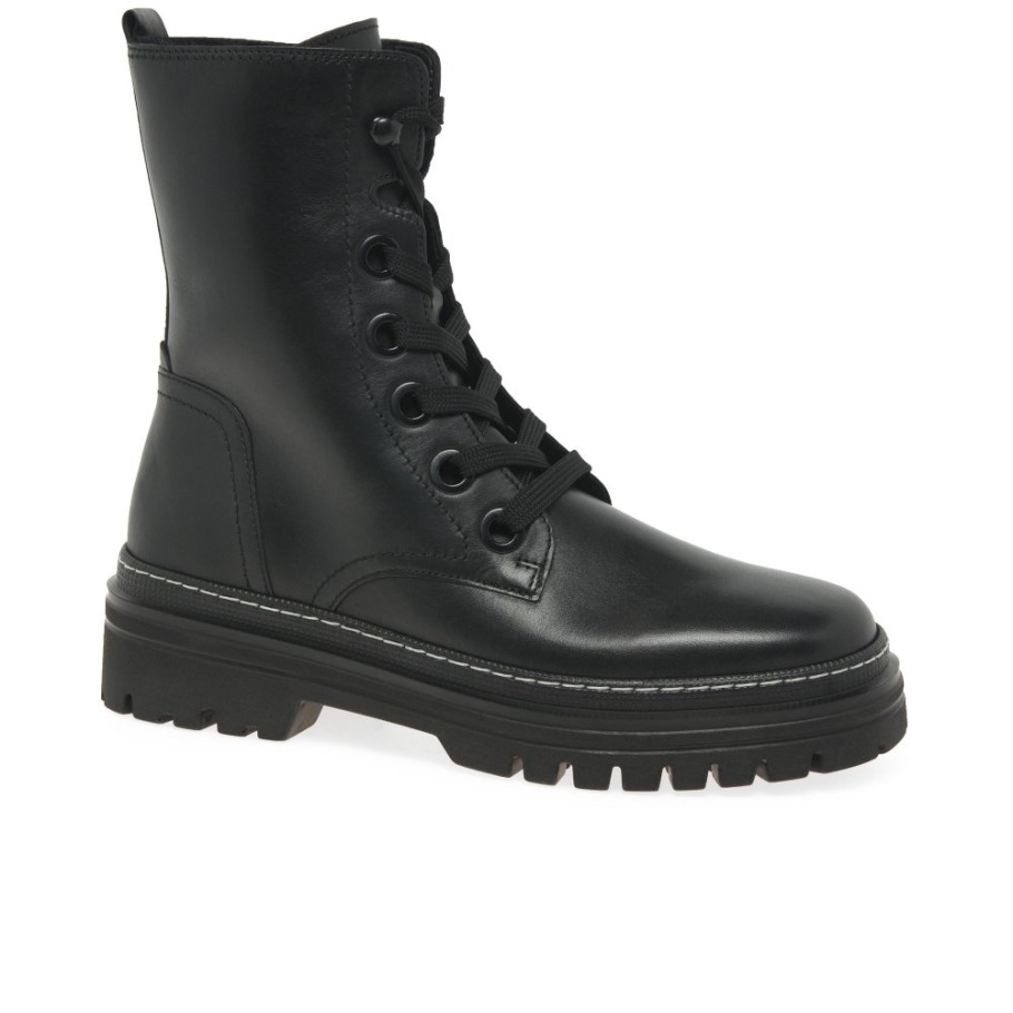 Gabor Black/White Stitch Genoa Womens Military Boots
